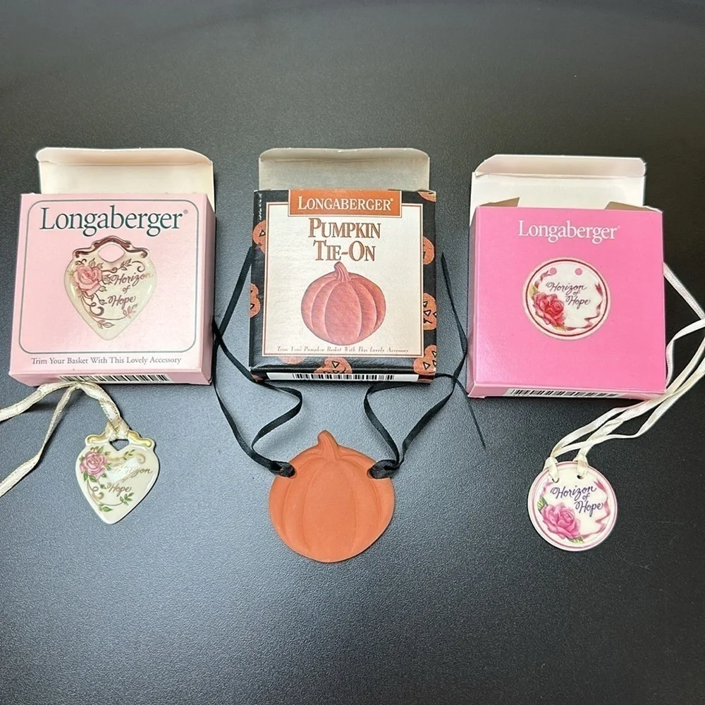 Vtg Longaberger‎ Basket Ceramic Tie Ons Lot of 3 Pumpkin Horizon of Hope Floral